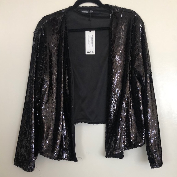Boohoo Jackets & Blazers - Black Sequin Jacket- Size 14